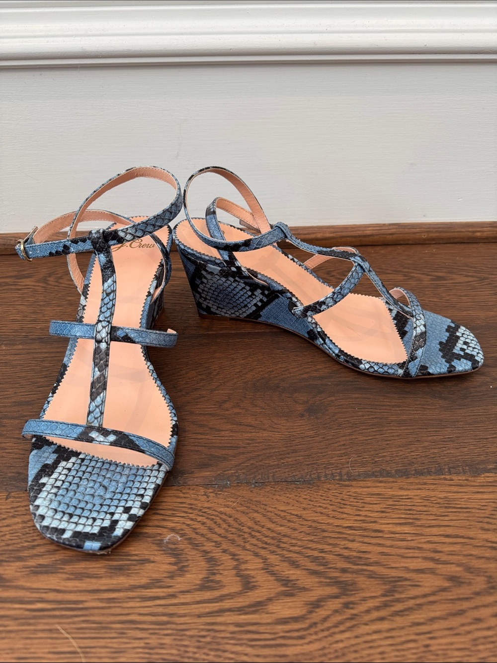 J. Crew Blue Snake-Print Strappy Wedge Sandals